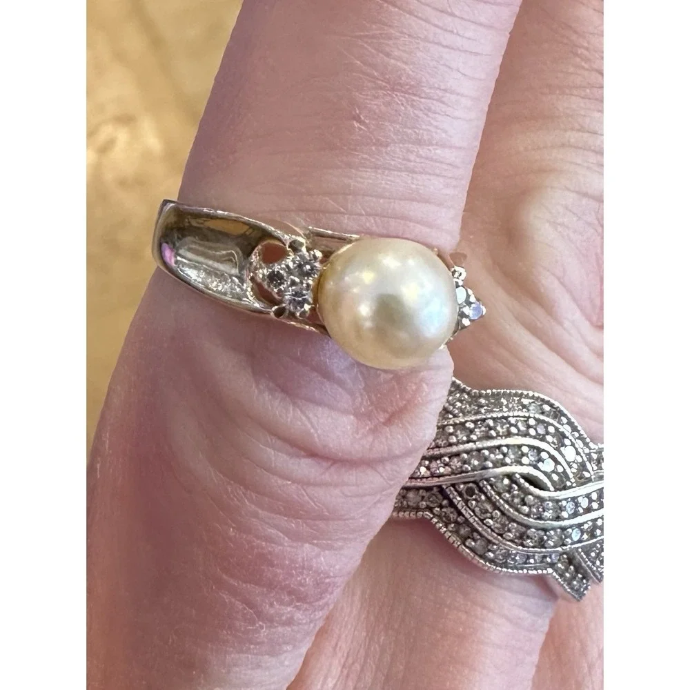 14K Gold Pearl & Diamond Ring Vintage Classic Setting Imprint‎ ADRG Heart size 7
